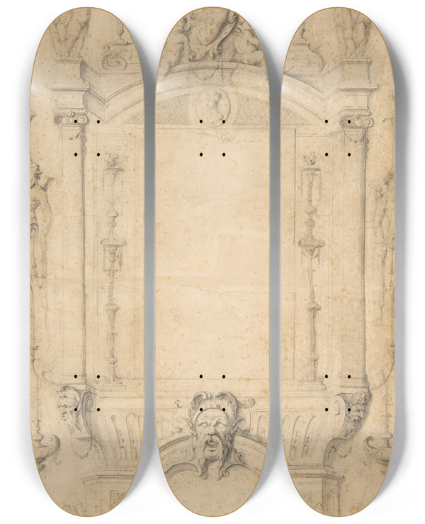 Triptych art skateboard deck of Jean Bernard Toro Design For A Title Page by Jean Bernard Toro (1672-1731)