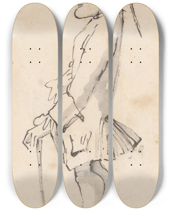 Triptych art skateboard deck of Giovanni Battista Tiepolo Caricature Of A Man Carrying A Stick Standing In Profile To The Left by Giovanni Battista Tiepolo (1696-1770)