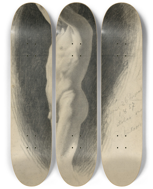 Triptych art skateboard deck of Vojtech Klimkovi Nude With Raised Hands by Vojtech Klimkovic (1833-1885)