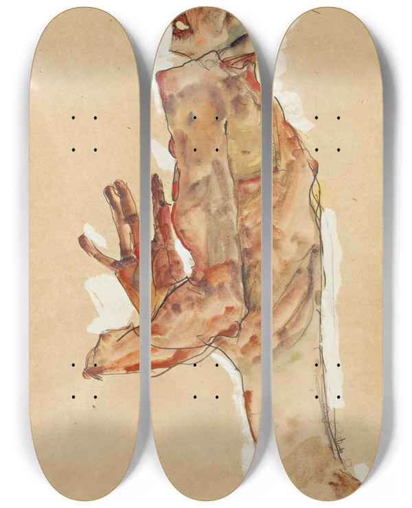 Triptych art skateboard deck of Egon Schiele Selfportrait With Splayed Fingers by Egon Schiele (1890-1918)