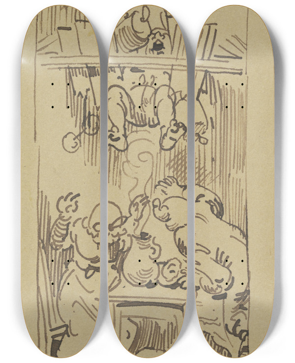 Triptych art skateboard deck of Wilhelm Busch Und Kracks Zu Gro Wir Das Gewicht Die Decke Trgt Es Nicht Und Bricht by Wilhelm Busch (1832-1908)