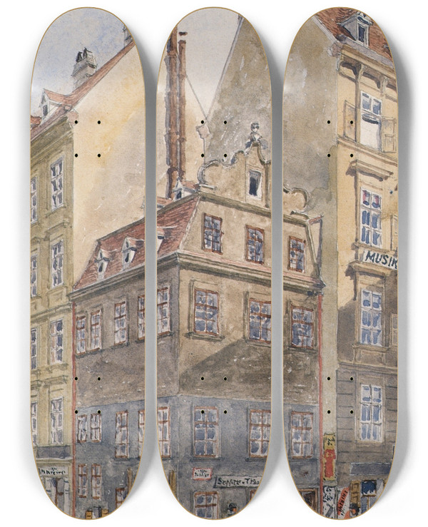 Triptych art skateboard deck of Gustav Korompay Der Salzgries In Wien Ecke Tiefer Graben by Gustav Korompay (1833-1907)