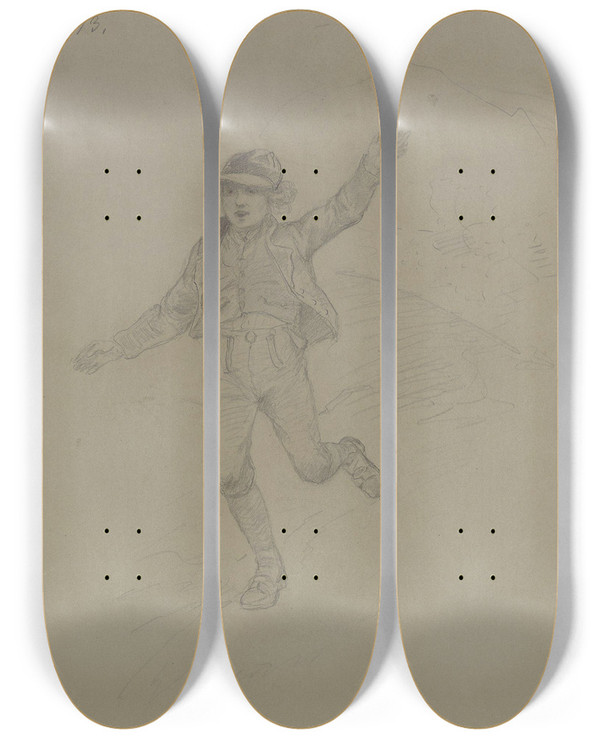 Triptych art skateboard deck of Adolph Tidemand Lpende Gutt by Adolph Tidemand (1814-1876)