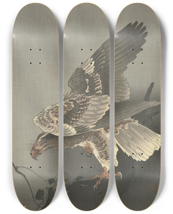 Triptych art skateboard deck of Ohara Koson Eagle Lurking For Prey by Ohara Koson (1877-1945)