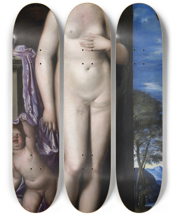 Triptych art skateboard deck of Parrasio Micheli Venus And Cupid by Micheli Parrasio (1516-1578)