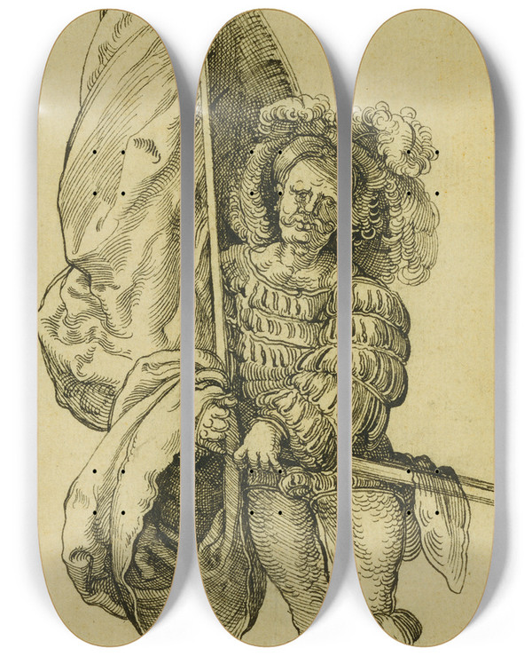 Triptych art skateboard deck of Sebald Beham A Standard Bearer by Sebald Beham (1500-1550)