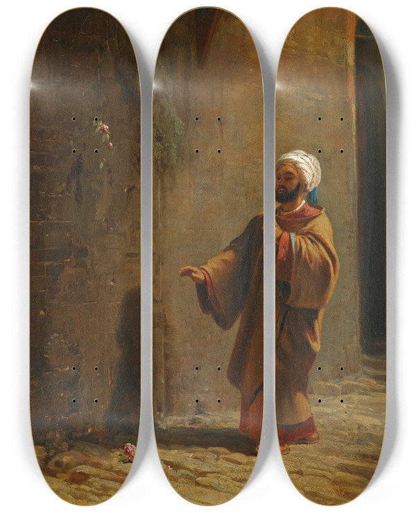 Triptych art skateboard deck of Carl Spitzweg Strasse In Kairo Trk Findet Rose A Cairo Street by Carl Spitzweg (1808-1880)