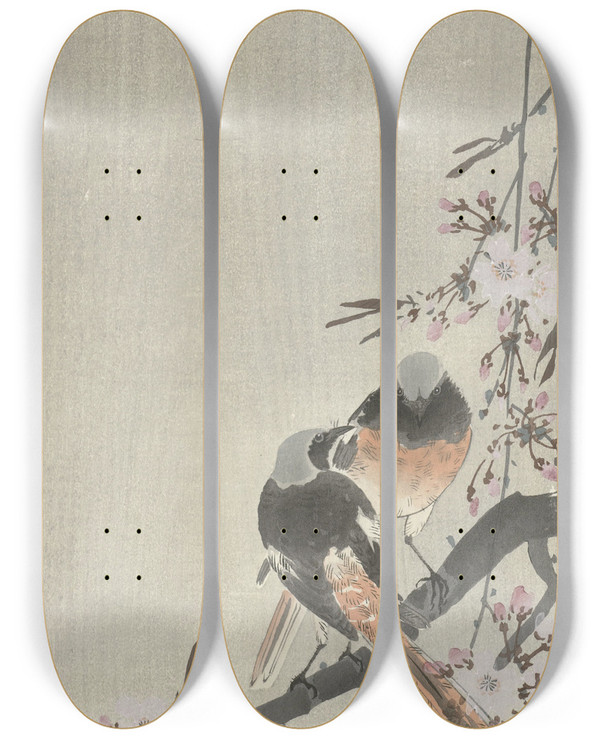 Triptych art skateboard deck of Ohara Koson Two Siegeled Redtails With Cherry Blossom by Ohara Koson (1877-1945)