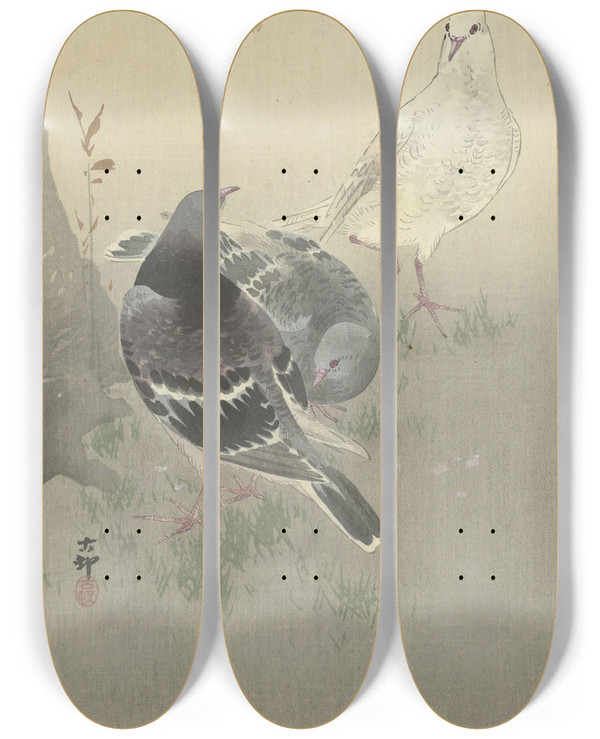 Triptych art skateboard deck of Ohara Koson Three Tame Pigeons by Ohara Koson (1877-1945)