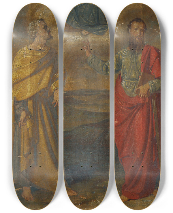 Triptych art skateboard deck of Anton Psenner Maria Mit Jesuskind Und Den Heiligen Petrus Und Paulus by Anton Psenner (1793-1866)