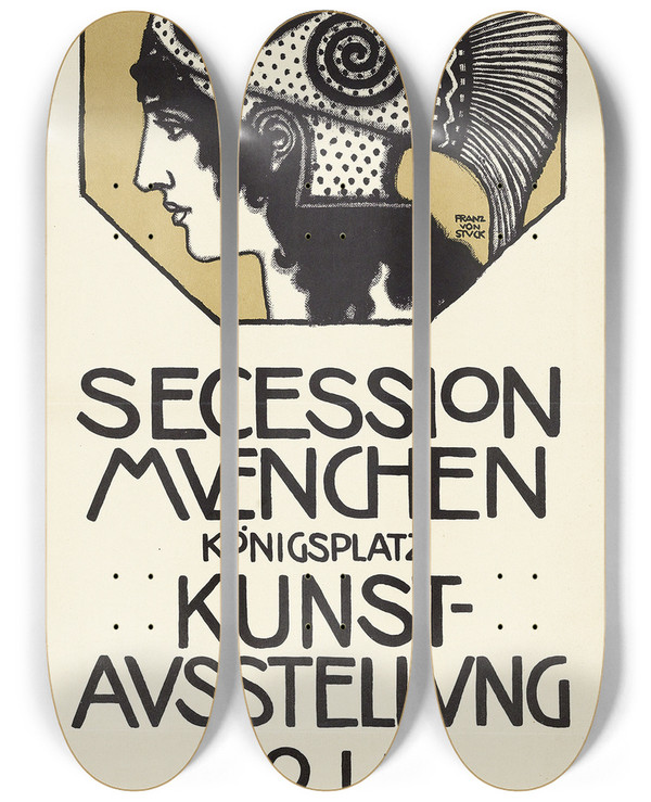 Triptych art skateboard deck of Franz Von Stuck Plakat Fr Die Ausstellung Der Sezession Mnchen 1915 by Franz Von Stuck (1863-1928)