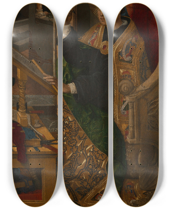 Triptych art skateboard deck of Bartolom Bermejo Saint Augustine by Bartolome Bermejo (1440-1501)