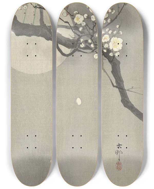 Triptych art skateboard deck of Ohara Koson Plum Blossom And Full Moon by Ohara Koson (1877-1945)