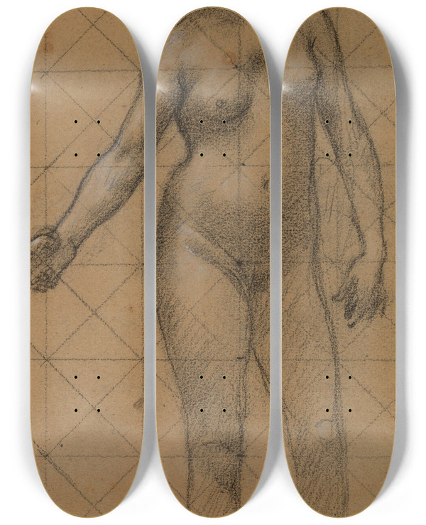 Triptych art skateboard deck of Pierre Puvis De Chavannes Femme Nue De Face by Pierre Puvis De Chavannes (1824-1898)