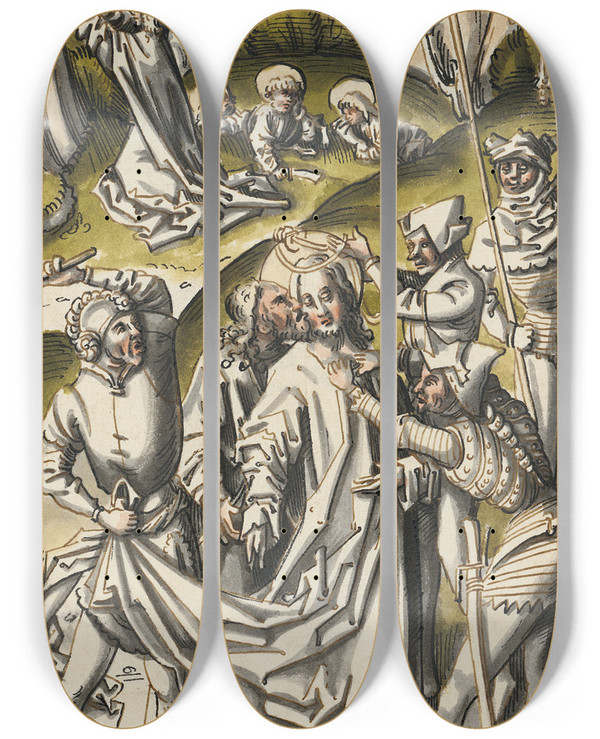 Triptych art skateboard deck of Circle Of Hans Holbein The Elder The Capture Of Christ In The Background Christ On The Mount Of Olives by Circle Of Hans Holbein The Elder (1465-1524)