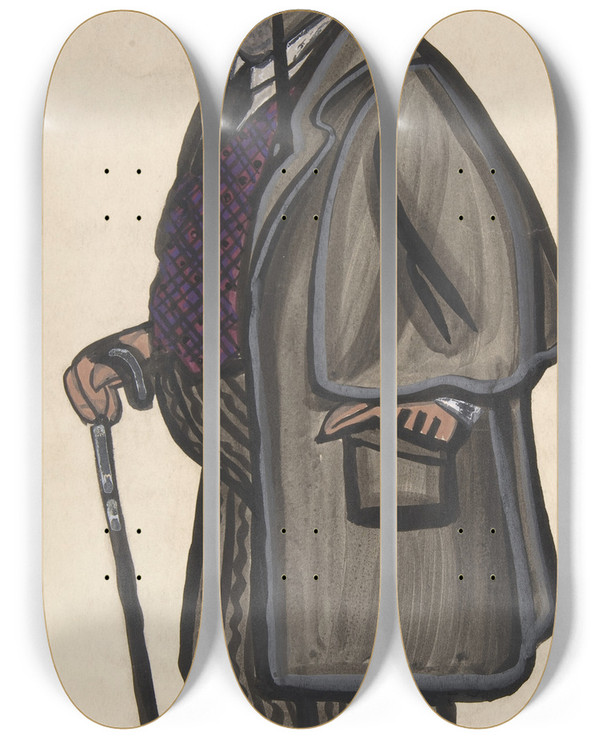 Triptych art skateboard deck of Sergey Yurievich Sudeikin Man Wearing A Purple And Red Vest With A Pincenez And Bowler by Sergey Yurievich Sudeikin (1882-1946)