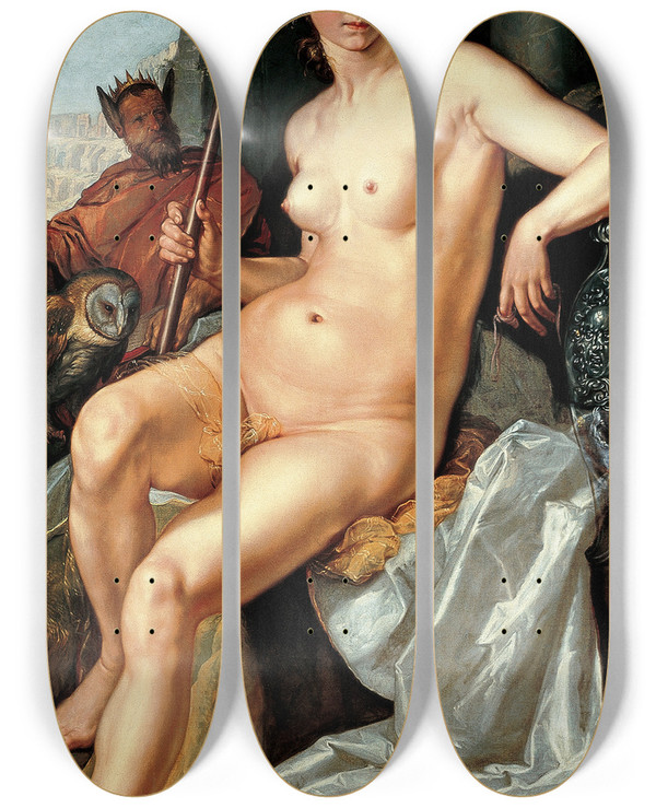 Triptych art skateboard deck of Hendrick Goltzius Minerva by Hendrick Goltzius (1558-1617)