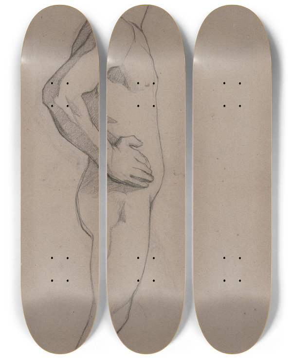 Triptych art skateboard deck of Victor Mller Stehender Mnnlicher Akt Nach Rechts Gewandt Die Rechte Hand In Die Hfte Gesttzt by Victor Muller (1829-1871)