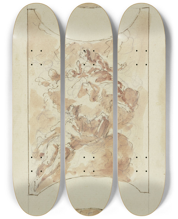 Triptych art skateboard deck of Gaspare Diziani Allegorische Figurengruppe Mit Putten Auf Wolken by Gaspare Diziani (1689-1767)