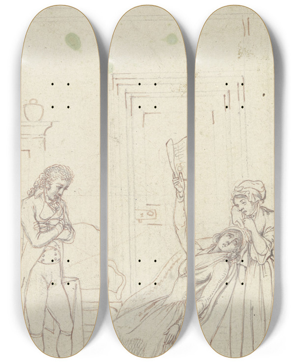 Triptych art skateboard deck of Daniel Nikolaus Chodowiecki Clarissa In Ihrem Stuhl Zurckgelehnt Verzweifelnd Ber Den Inhalt Eines Schriftstcks In Ihrer Ausgestreckten Rechten by Daniel Nikolaus Chodowiecki (1726-1801)