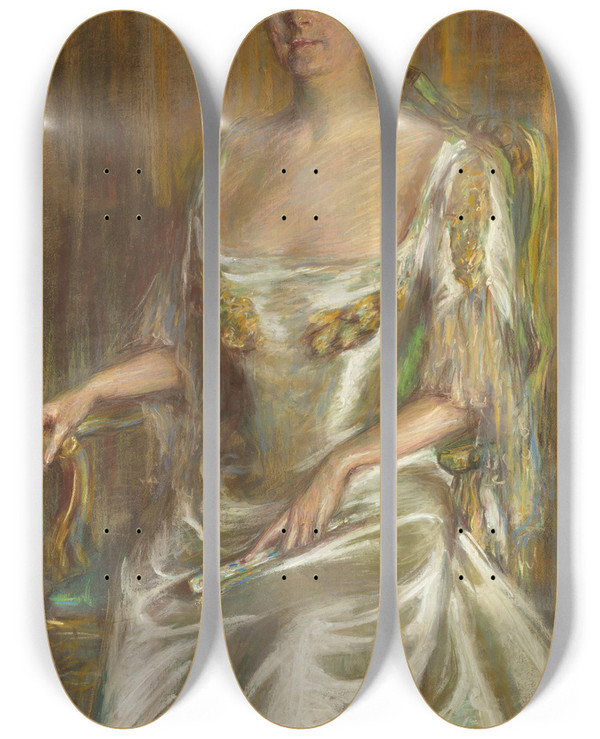 Triptych art skateboard deck of Alice Pike Barney Lady With Fan by Alice Pike Barney (1857-1931)