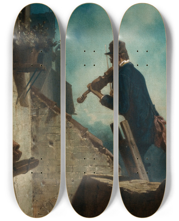Triptych art skateboard deck of Carl Spitzweg Stndchen The Serenade by Carl Spitzweg (1808-1880)