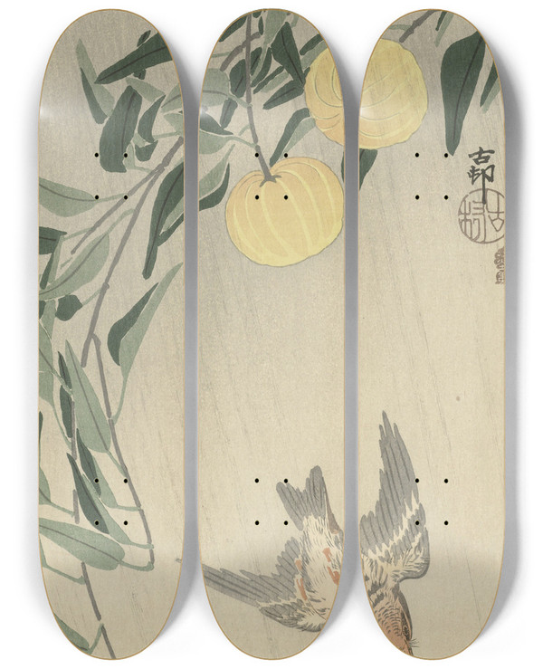 Triptych art skateboard deck of Ohara Koson Cuckoo In The Rain by Ohara Koson (1877-1945)