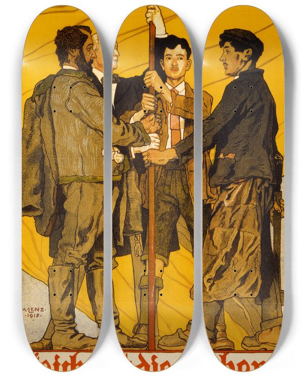 Triptych art skateboard deck of Maximilian Lenz Zeichnet Die Siebente Kriegsanleihe_1 by Maximilian Lenz (1860-1948)