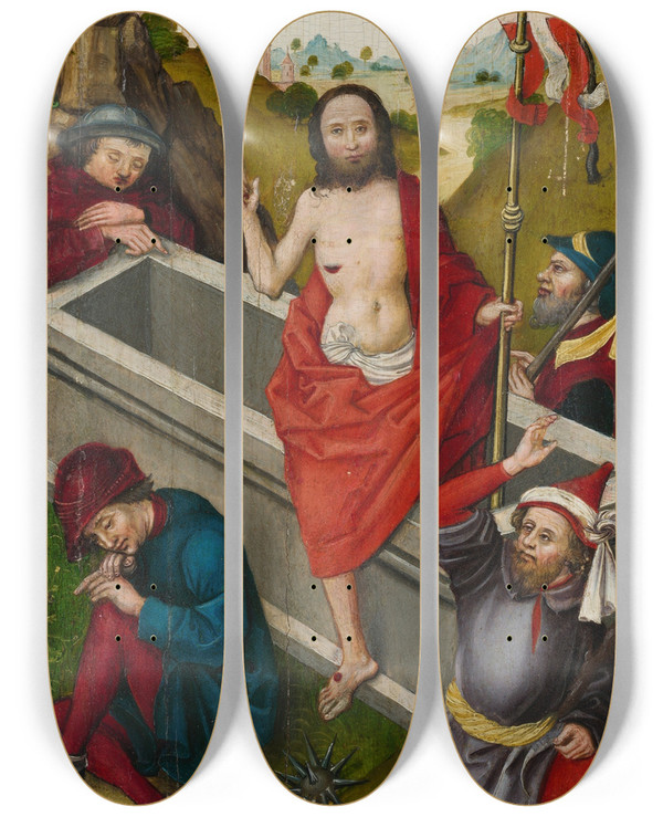 Triptych art skateboard deck of Ludwig Schongauer The Resurrection by Ludwig Schongauer (1440-1494)
