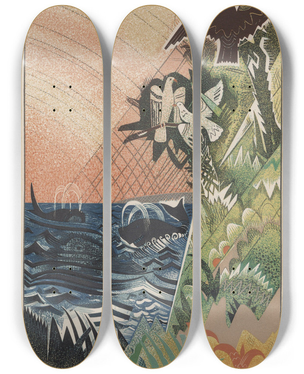 Triptych art skateboard deck of Francoislouis Schmied Illustration Of Ocean And Land Scene With Birds And Whales by Francois Louis Schmied (1873-1941)