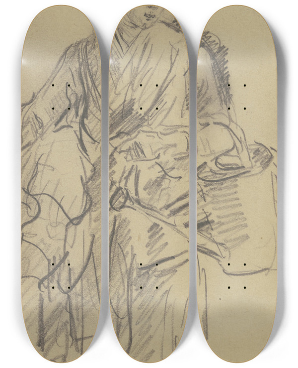 Triptych art skateboard deck of Anton Burger Farmwoman With A Watering Can by Anton Burger (1824-1905)