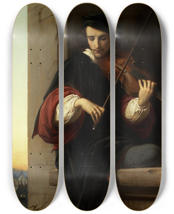 Triptych art skateboard deck of Eduard Von Steinle Violinist In The Belfry Window by Eduard Von Steinle (1810-1886)
