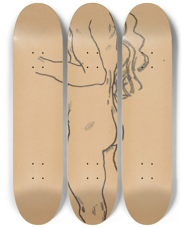 Triptych art skateboard deck of Egon Schiele Standing Nude Girl Facing Left by Egon Schiele (1890-1918)
