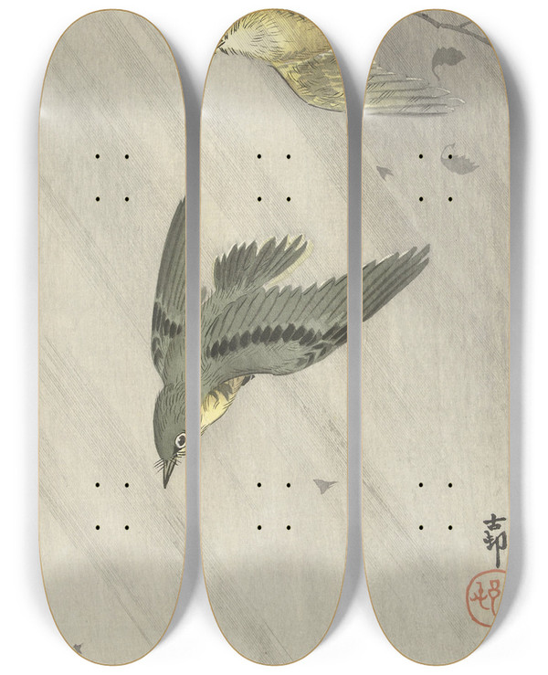 Triptych art skateboard deck of Ohara Koson Songbirds In Rain by Ohara Koson (1877-1945)