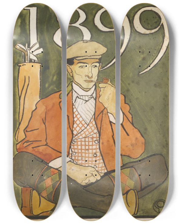 Triptych art skateboard deck of Edward Penfield Golfer Seated By Clubs by Edward Penfield (1866-1925)