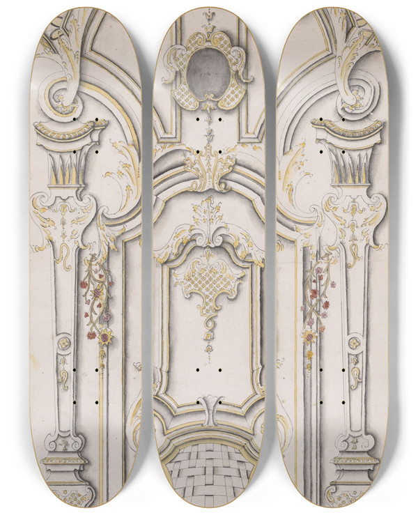 Triptych art skateboard deck of Michael Furtner The Elder Design For An Entrance Portal With A Single Door by Michael Furtner The Elder (17-)