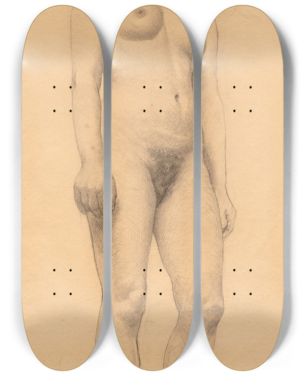 Triptych art skateboard deck of Otto Henry Bacher Standing Female Nude by Otto Henry Bacher (1856-1909)
