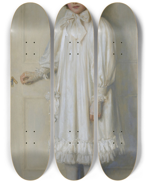 Triptych art skateboard deck of Edwin Harris The Girl In White Portrait Of Beatrice Harrison Aged Twelve by Edwin Harris (1855-1906)