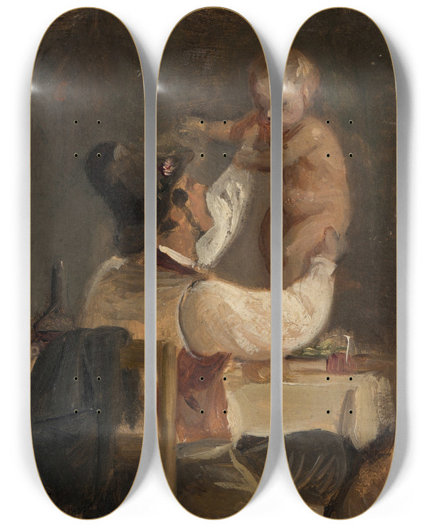 Triptych art skateboard deck of Wilhelm Marstrand Fathers Love by Wilhelm Marstrand (1810-1873)
