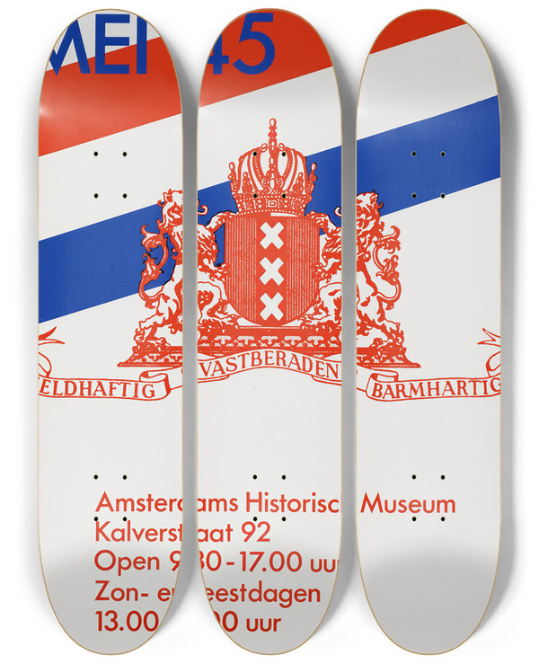 Triptych art skateboard deck of Jolijn Van De Wouw Amsterdam Bevrijd Mei 45 by Jolijn van de Wouw (1942-2001)