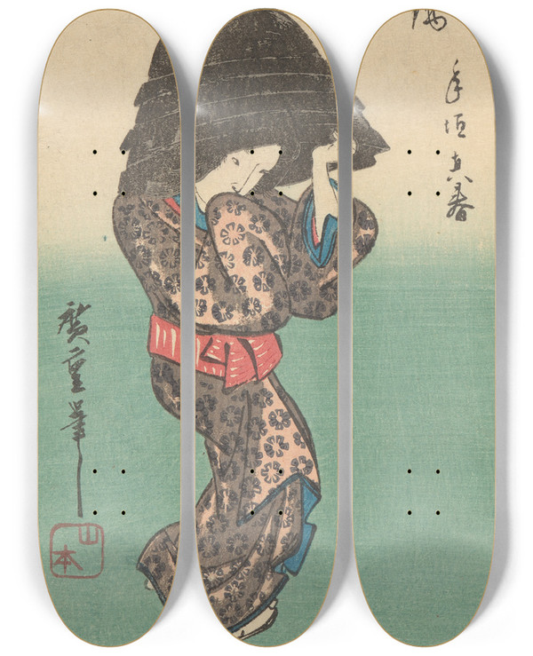 Triptych art skateboard deck of And Hiroshige Woman With Kettle by Ando Hiroshige (1797-1858)