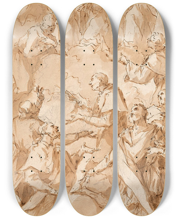 Triptych art skateboard deck of Gaspare Diziani Le Couronnement De La Vierge by Gaspare Diziani (1689-1767)