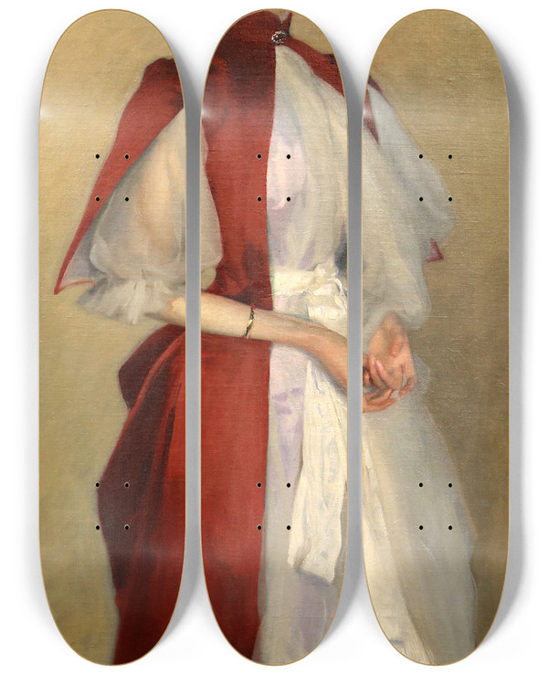 Triptych art skateboard deck of John Singer Sargent Portrait Of Mrs Robert Harrison by John Singer Sargent (1856-1925)
