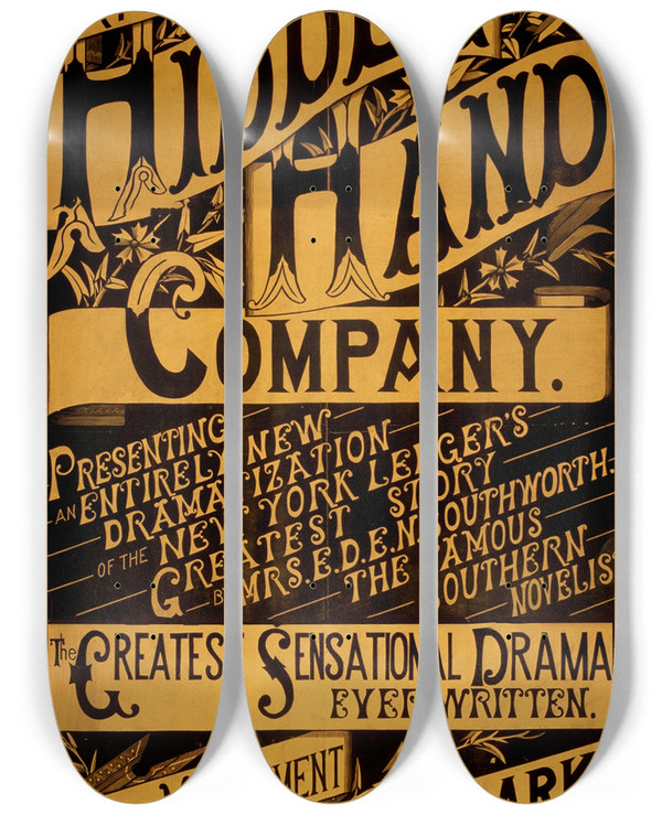 Triptych art skateboard deck of Jno B Jeffery Whiteleys Original Hidden Hand Company by Jno B Jeffery (19-20-)