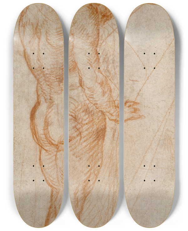 Triptych art skateboard deck of Andrea Del Sarto Study Of A Nude Man by Andrea del Sarto (1486-1530)