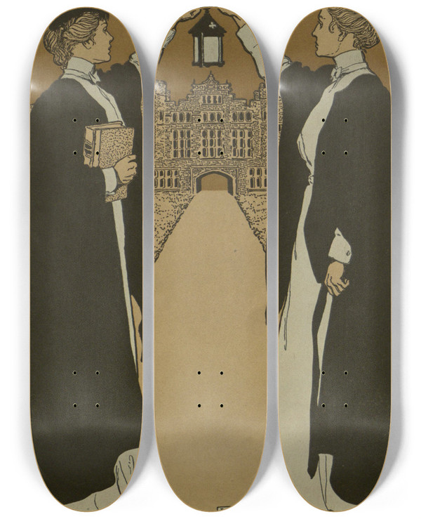 Triptych art skateboard deck of Jessie Willcox Smith Bryn Mawr College Calendar 1909 by Jessie Willcox Smith (1863-1935)