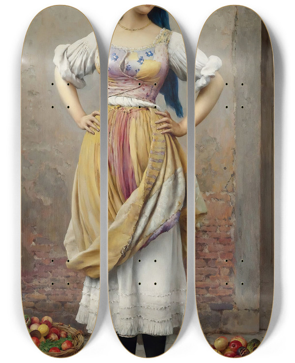 Triptych art skateboard deck of Eugen Von Blaas The Market Girl by Eugen Von Blaas (1843-1931)