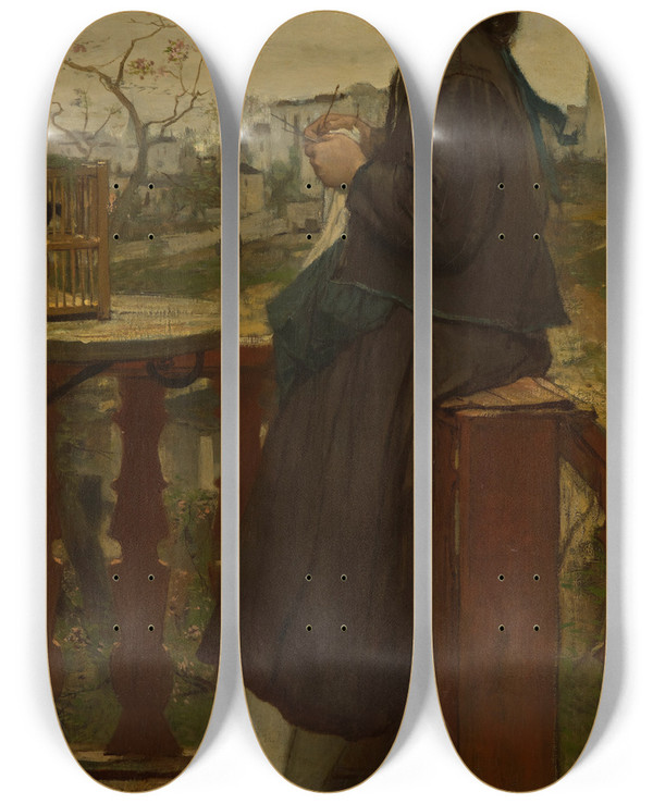 Triptych art skateboard deck of Jacob Maris Girl Knitting On A Balcony Montmartre by Jacob Maris (1837-1899)