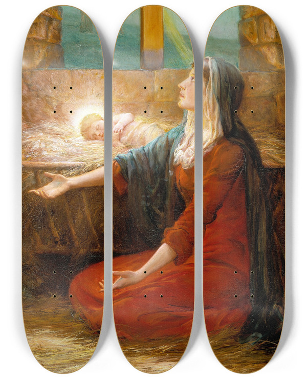Triptych art skateboard deck of Will Hicock Low Christmas Morn by Will Hicock Low (1853-1932)