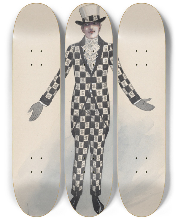 Triptych art skateboard deck of Will R Barnes Man In Money Suit by Will R Barnes (1939)
